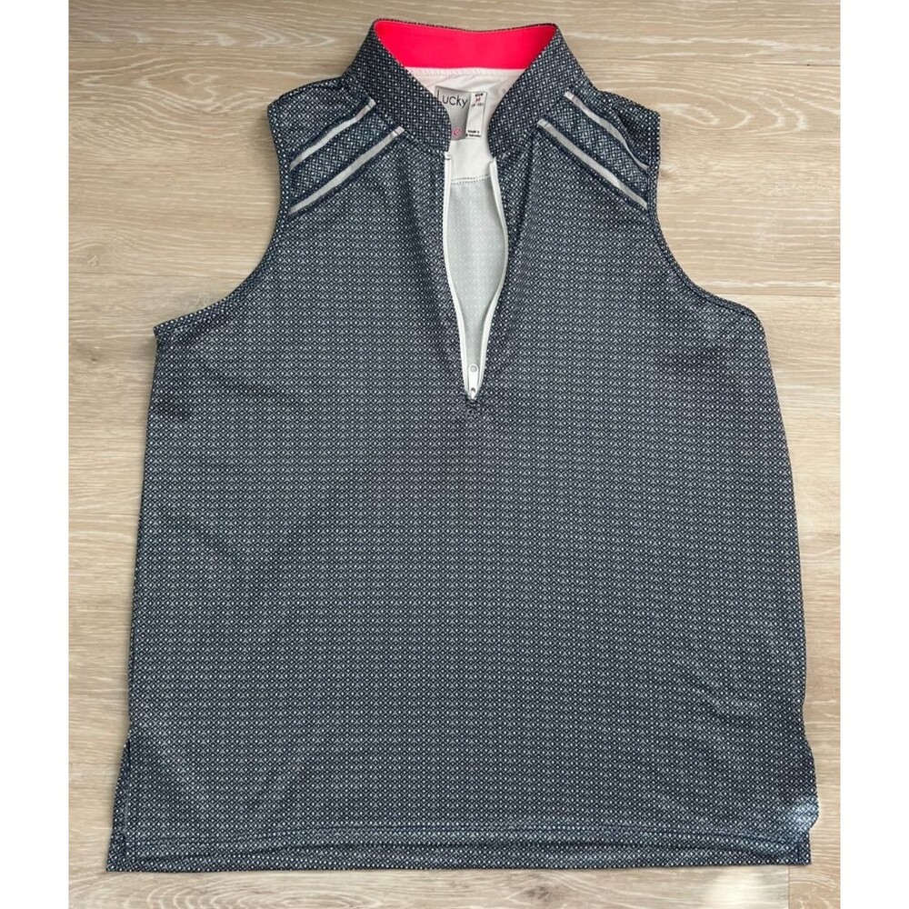 Lucky in Love Royal Palm Zip Tank Women’s Med Sleeveless Golf Tennis Top Navy/W